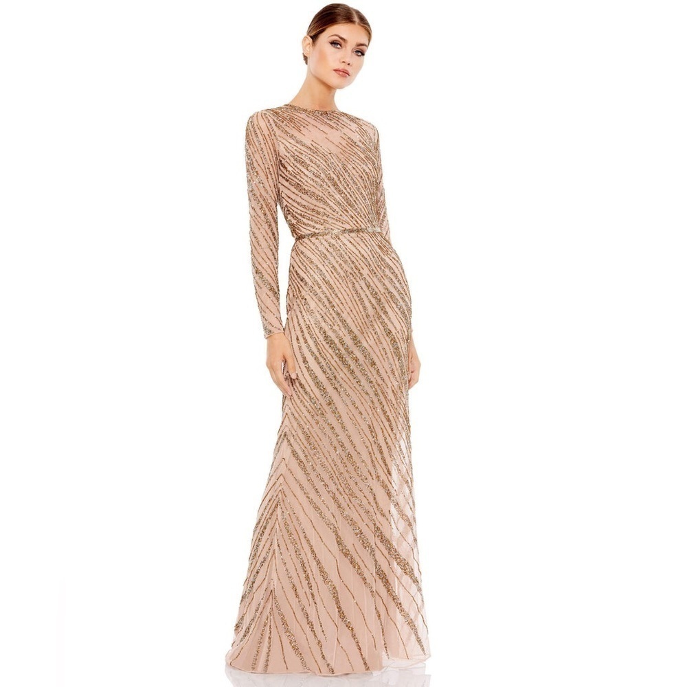 MAC DUGGAL embellished long sleeve column gown in mocha 12 NWT